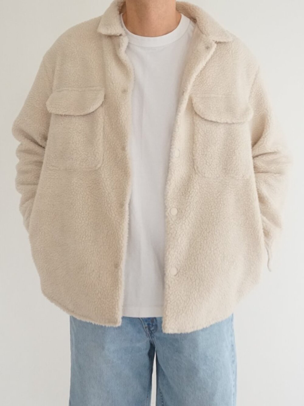 H&M Cream Sherpa Button Front Pocketed Fleece Jacket Long Sleeve Cozy M